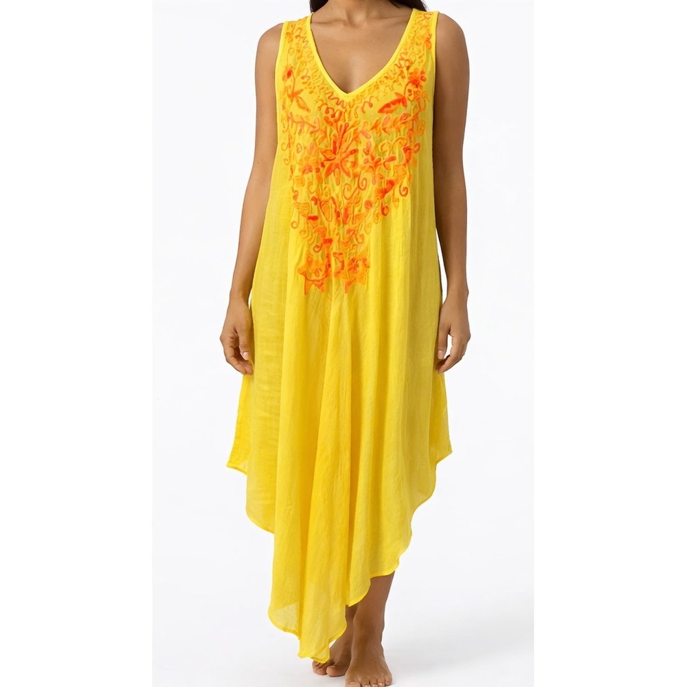 Womens Yellow Embroidered Kaftan Cover Up Dress One Size L XL Sheer Boho Beach